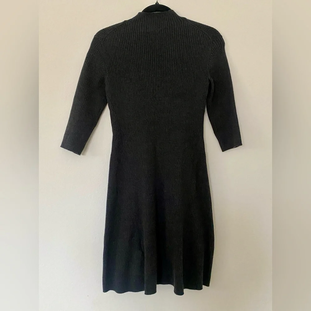 Maje Ribbed Knit Midi Dress Grey Acrylic Lace Eyelet Detail Three Quarter Sleeve